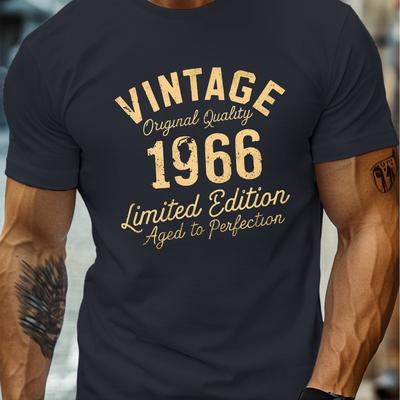 TEMU Men' 1966 T-shirt, Casual Crew Neck Short Sleeve Tee, 100% Polyester Knit Fabric, Stretch, Regular Fit, Summer Lightweight Top - Geometric Pattern Image