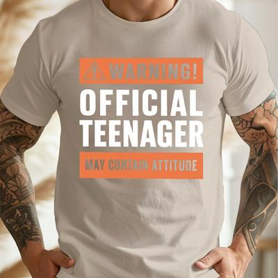 TEMU Warning Official Teenager Print, Men's Round Crew Neck Short Sleeve Tee, Casual T-shirt Casual Comfy Lightweight Top For Summer Image