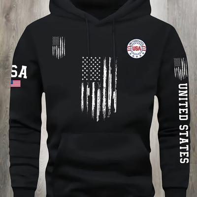 TEMU Kourrter American Flag Hoodie - Cozy Fleece-lined Pullover With Kangaroo Pocket, Casual Streetwear For , Fall/winter Image