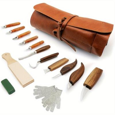 TEMU Wood Carving Tools, 15pcs Wood Carving Kit With Pu Storage Bag, Wood Whittling Kit With 6pcs Whittling Knives & 5 Detail Carving Knives For Adults Wood Carving Diy Image