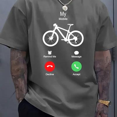 "TEMU Men's Fashionable With "" Bicycle Graphic - Casual Round Neck, Short Sleeve, 100% Polyester, Machine Washable - Summer" Image