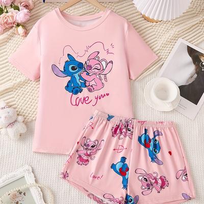 TEMU Official Stitch Cute Pink Print Soft Comfortable Textured Fabric Round Neck Short Sleeve Shorts Pajama Set For Home And Indoor Wear Image
