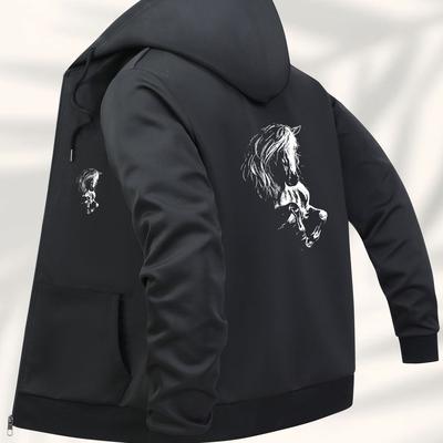 TEMU Men's Trendy Hooded Jacket With Artistic - Casual Zip-up Hoodie, Black, Polyester, Multiple Pockets, Machine Washable, Casual Wear Hoodie|unique Horse Artwork|zippered Image