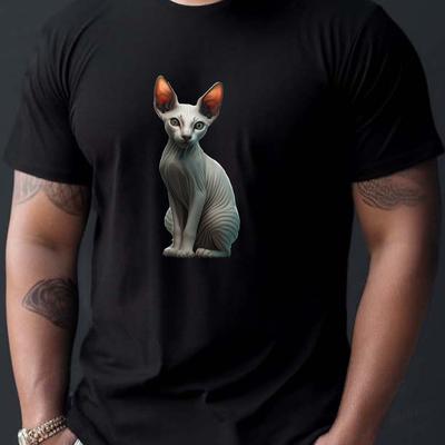 TEMU Men's Kitten Print T-shirt, Casual Crew Neck Short Sleeve Tee, 100% Polyester Knit Fabric, Regular Fit, Stretch, Summer Top, Geometric Pattern, 150gsm - Blue Image