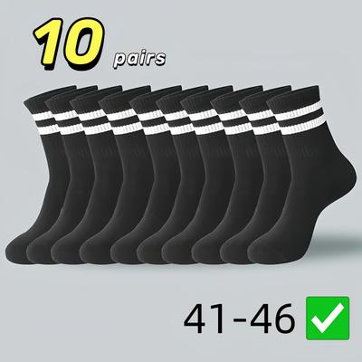 TEMU 10 Pairs Striped White Mid-calf Socks For - Fit Unisex Athletic Socks With Side Stripes, Men's Us Sizes 43-46 (eu 9-11), Lifestyle, , Comfortable Material, Casual Wearers Image