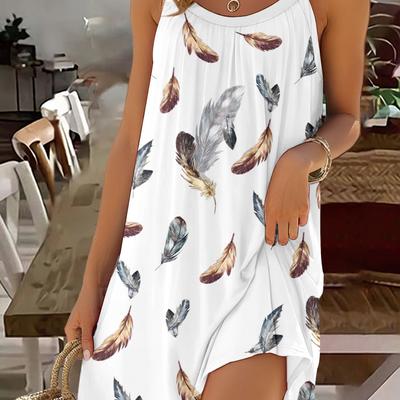 TEMU Feather Print Cami Dress, Sleeveless Loose Beach Wear Dress For , Women's Clothing Image
