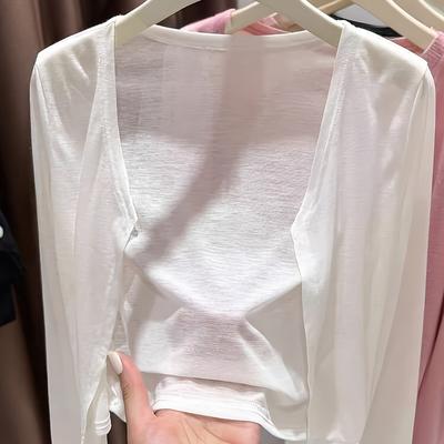 TEMU Women's Elegant White Sleeveless Cardigan With V-neck - Lightweight, Breathable, And Sun-protective For Spring And Summer, Casual Wear, Clothing | Minimalist Style | Lightweight Cardigan Image