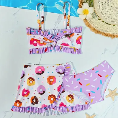 Badeanzüge für Kinder, Mädchen, Sommer, Blumendruck, Leibchen, BH, elastische Shorts, Rüschenrock, Set, 3-teilig, Badeanzüge, 3–9 Jahre alt Image