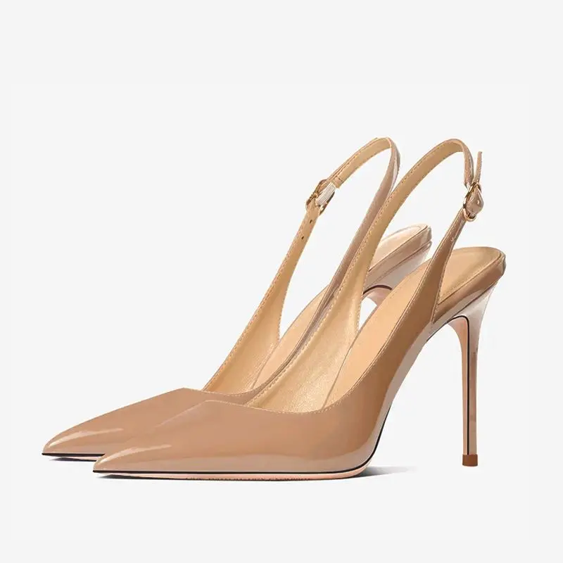 Nude Slingback 10 cm Stiletto Sexy Spitze Zehen Patent Leder Pumps 12 cm High Heels Schnalle Frau Party Schuhe Ausschnitte Heels QP247
