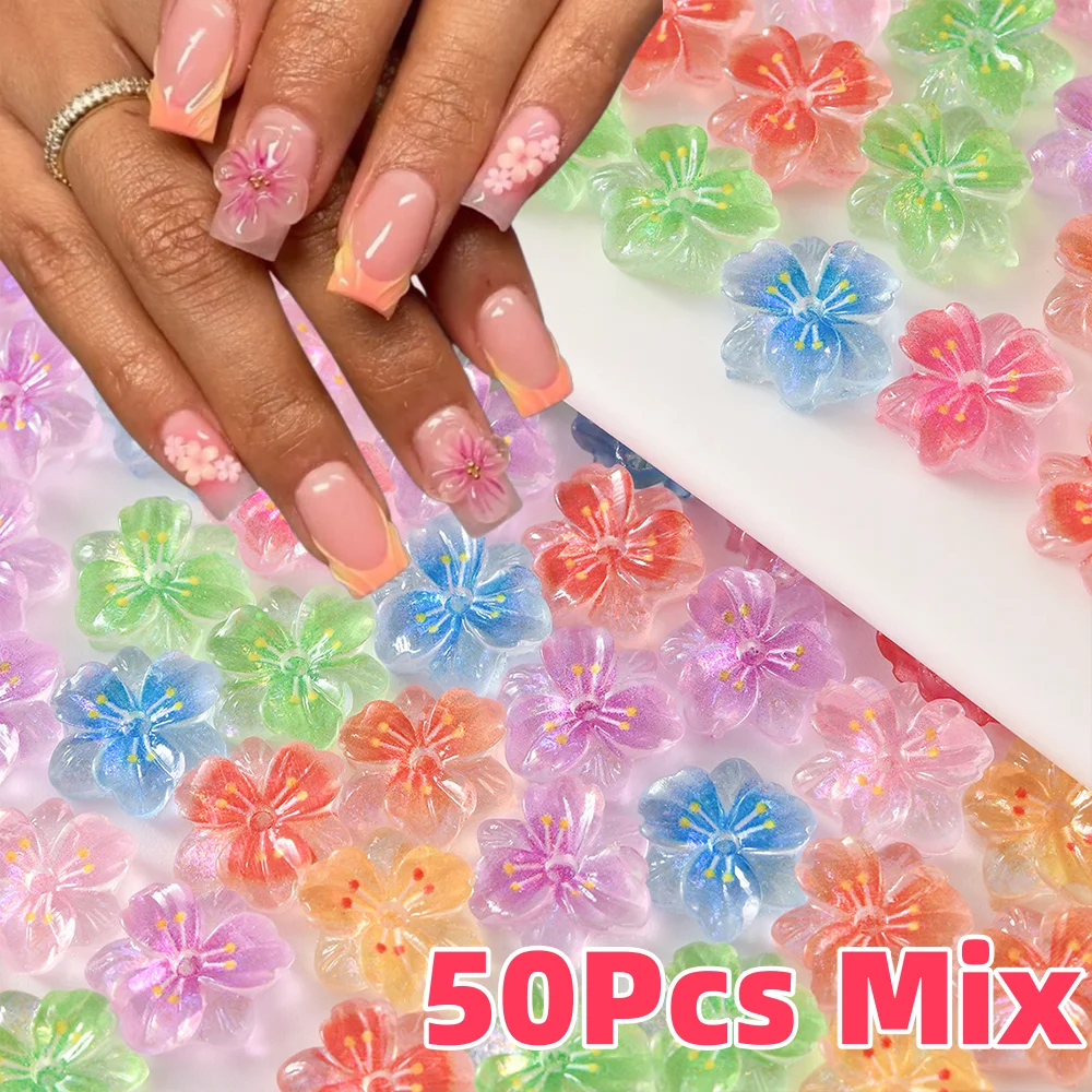 50 Stück (11 mm) 3D-gemischte Sakura-Nagel-Charms, eisdurchscheinende Blumen, Nagelkunst-Strasssteine, niedliche Nagelkunst-Dekorationen mit fünf Blütenblättern Image