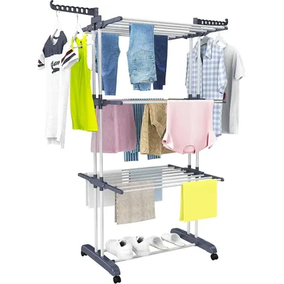 Clothes Drying Rack, Oversized 4-Tier Foldable Stainless Steel Drying Rack Clothing, Movable Drying Rack with 4 castors