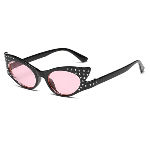Diamond Cat Eye Sunglasses Fashion Rhinestones Female Vintage Small Frame Eyewear Uv400(Black-Pink)