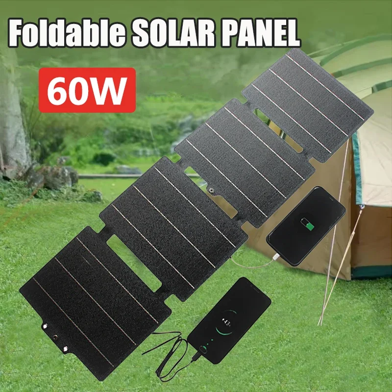 Pannello solare pieghevole da 60 W Cella pieghevole portatile Tipo-C USB 12 V CC Caricatore solare Alimentatore esterno per telefono cellulare da campeggio