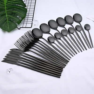 24Pcs/Set Black Western Dinnerware Set Stainless Steel Cutlery Set Fork Steak Knife Spoon Tableware Flatware Set Silverware Set