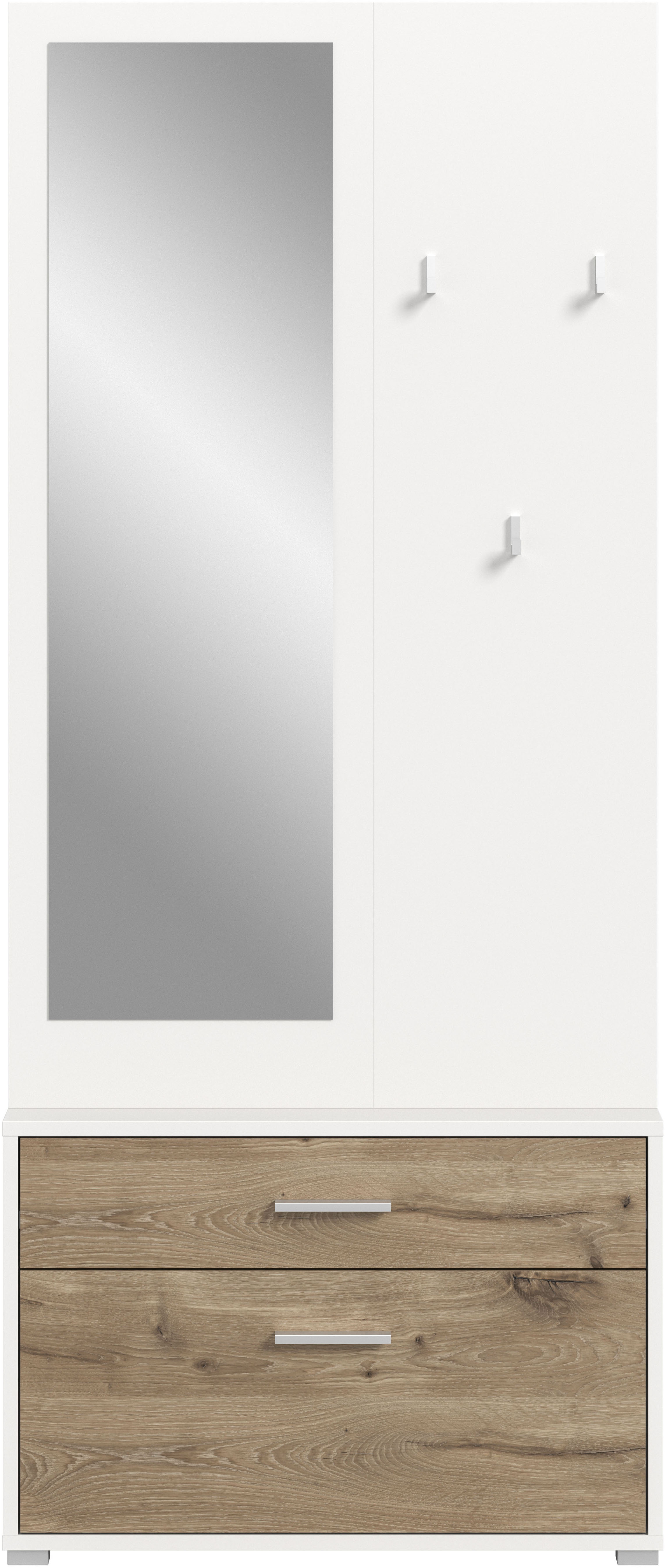 Kompaktgarderobe INOSIGN "Morrea, Höhe 190 cm, 1 Schubkästen, 6 Haken, 1 Kleiderstange, 7 Fächer", weiß (weiß nachbildung, nox oak nachbildung), B:80cm H:190cm T:39cm, Spanplatte, Schränke, schmale Garaderobe, Stauraum, Flur, Diele