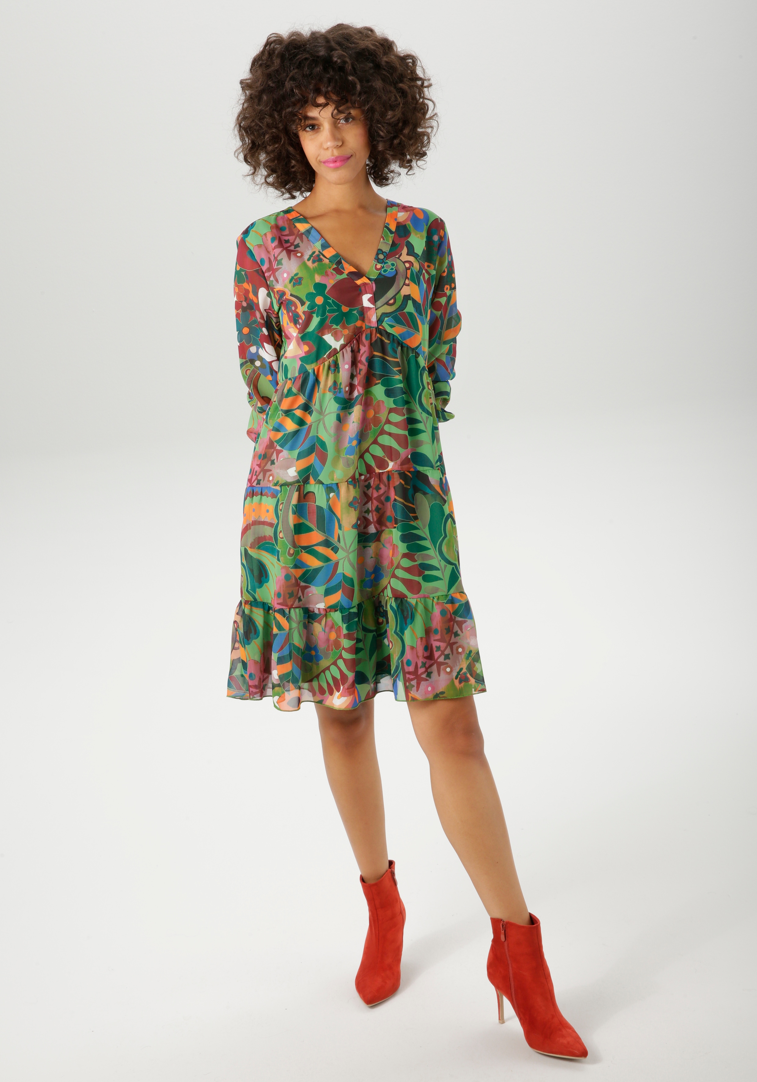 Tunikakleid ANISTON CASUAL, Damen, Gr. 36, N-Gr, rot (grün, orange, malve, bordeaux, blau, apricot, ocker, weiß, pink), Chiffon, Obermaterial: 100% Polyester. Futter: 100% Polyester, bedruckt, geblümt, figurumspielend kniefrei, V-Ausschnitt,...