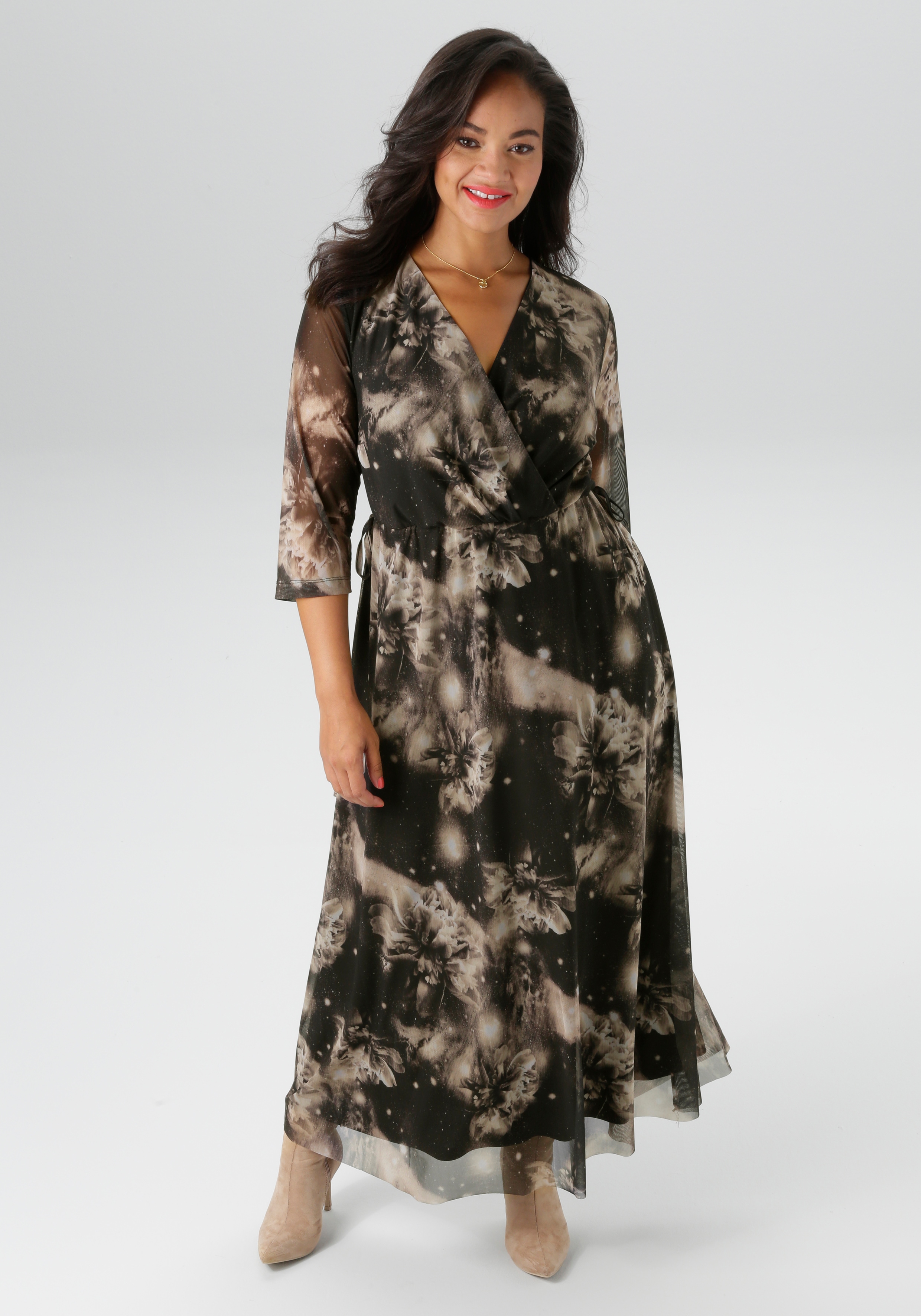 Midikleid ANISTON PLUS, Damen, Gr. 44, N-Gr, schwarz (schwarz, beige, sanftes weiß), Mesh, Obermaterial: 95% Polyester, 5% Elasthan. Futter: 100% Polyester, Mesh, gemustert, figurumspielend knöchelfrei, Kleider Midikleid, In Mesh Qualität