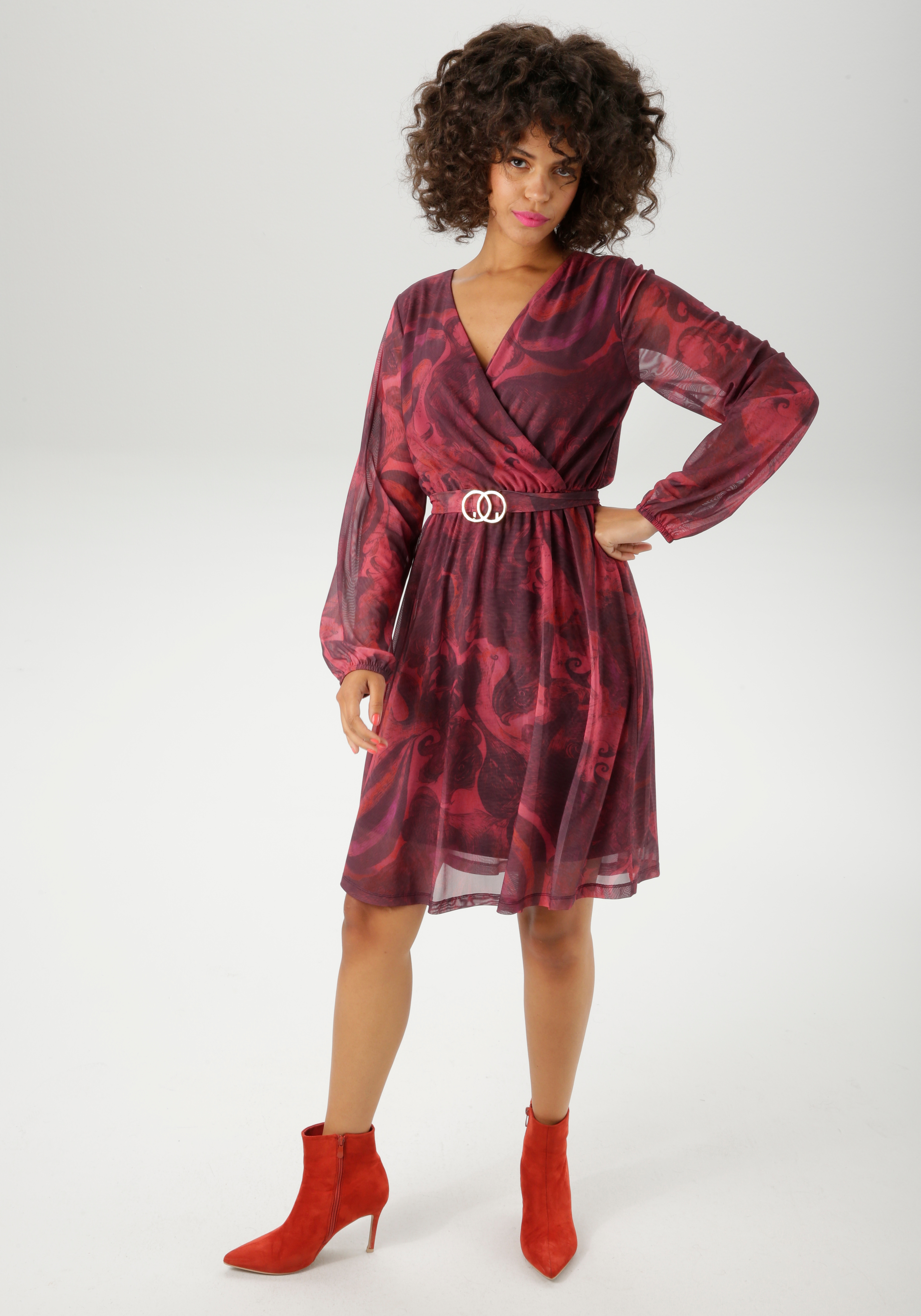 Blusenkleid ANISTON CASUAL, Damen, Gr. 44, N-Gr, bordeaux, rot, orange, fuchsia, schwarz, Mesh, Obermaterial: 95% Polyester, 5% Elasthan. Futter: 100% Polyester, bedruckt, gemustert, figurumspielend kniefrei, V-Ausschnitt, elastischer Bund mit...