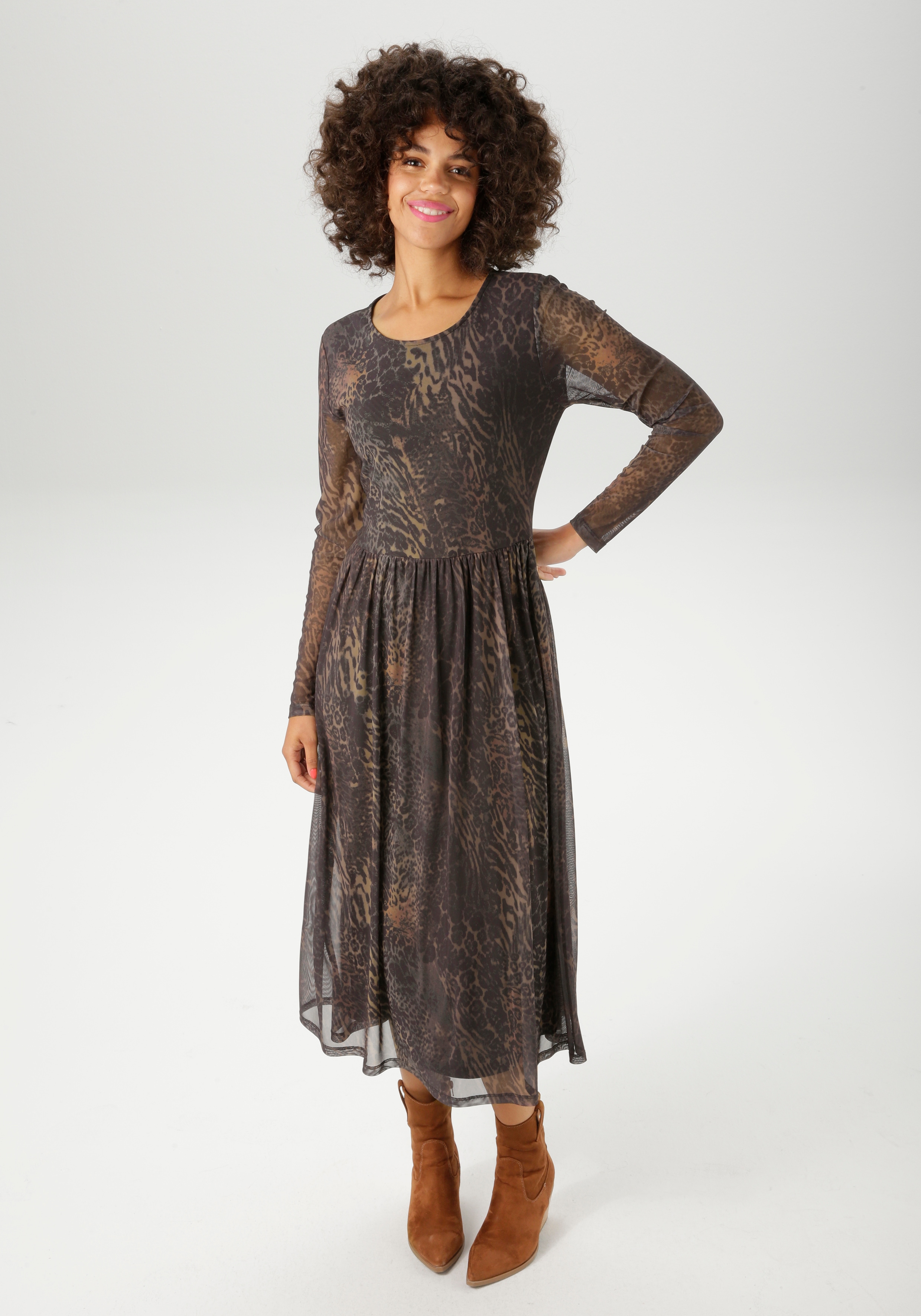 Midikleid ANISTON CASUAL, Damen, Gr. 40, N-Gr, anthrazit, dunkelgrün, hellbeige, braun, taupe, zimt, Mesh, Obermaterial: 95% Polyester, 5% Elasthan. Futter: 100% Polyester, animal-print, bedruckt, figurumspielend wadenlang, Rundhals, Kleider, mit... Image