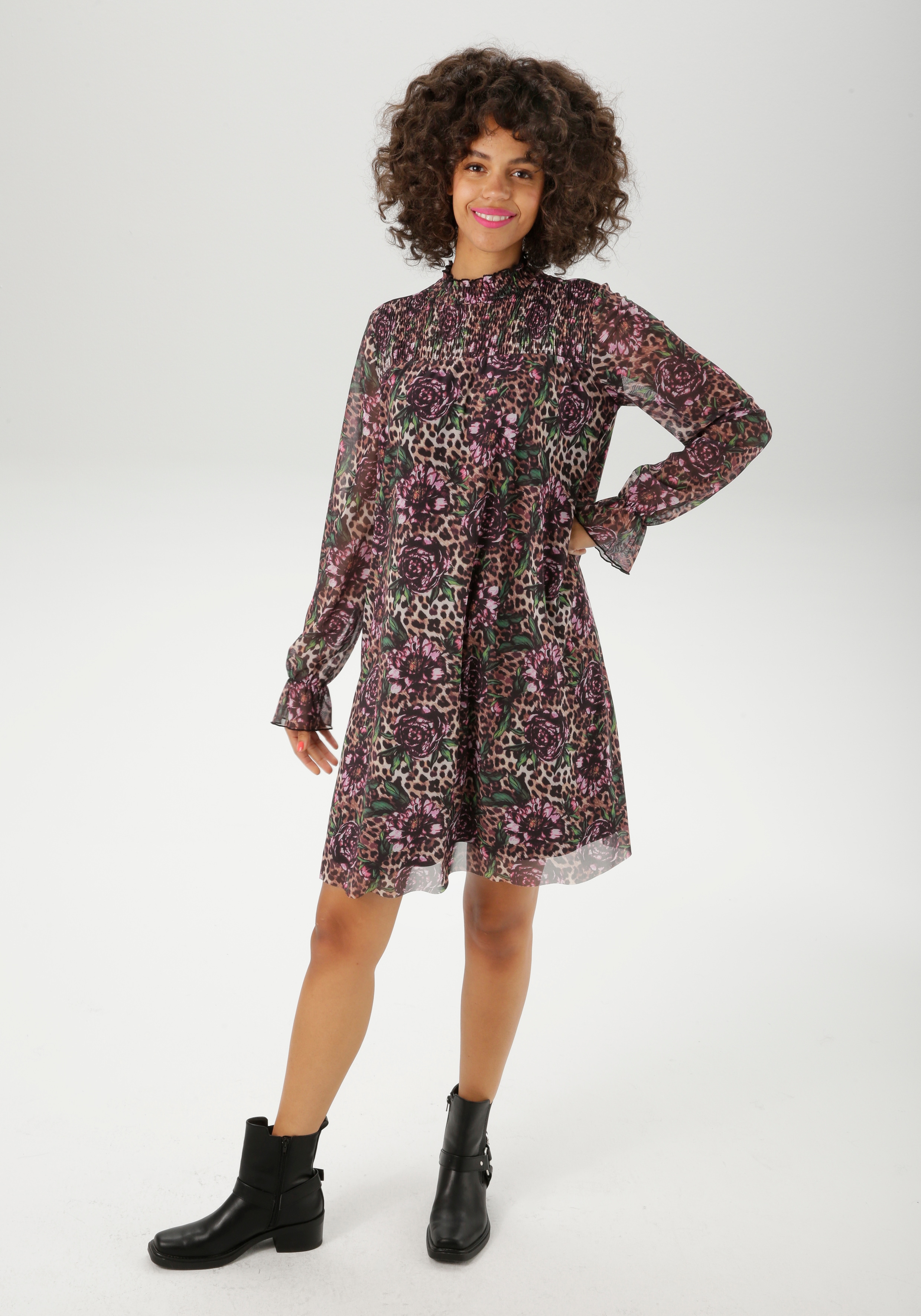 Blusenkleid ANISTON CASUAL, Damen, Gr. 48, N-Gr, schwarz, dunkelbraun, braun, hellbraun, fuchsia, pink, rose, dunkelgrün, grün, hellgrün, weiß, Mesh, Obermaterial: 95% Polyester, 5% Elasthan. Futter: 100% Polyester, animal-print, bedruckt, geblümt,...