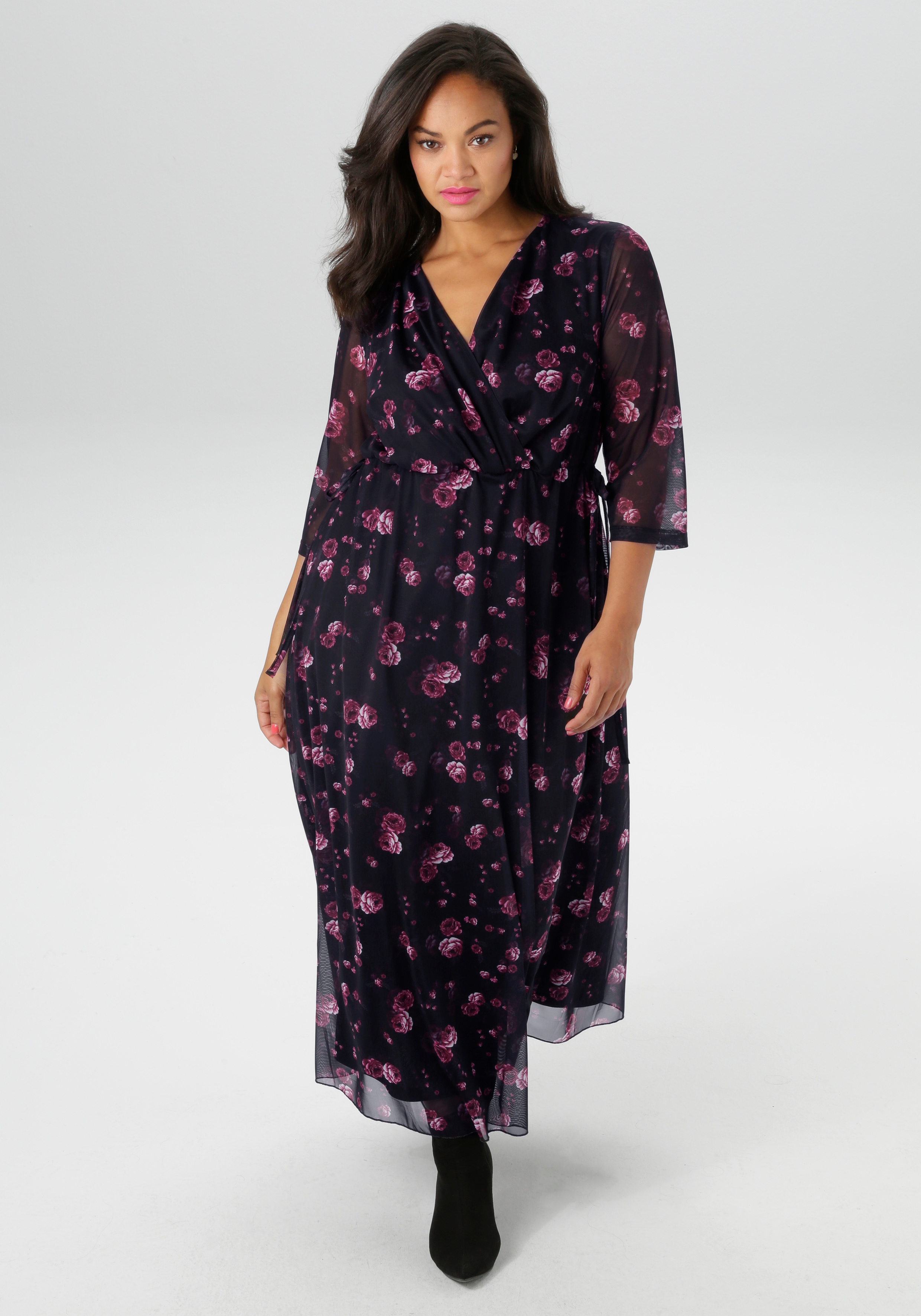 Midikleid ANISTON PLUS, Damen, Gr. 48, N-Gr, rot (schwarz, rose, bordeaux), Mesh, Obermaterial: 95% Polyester, 5% Elasthan. Futter: 100% Polyester, Mesh, gemustert, figurumspielend knöchelfrei, Kleider Midikleid, In Mesh Qualität