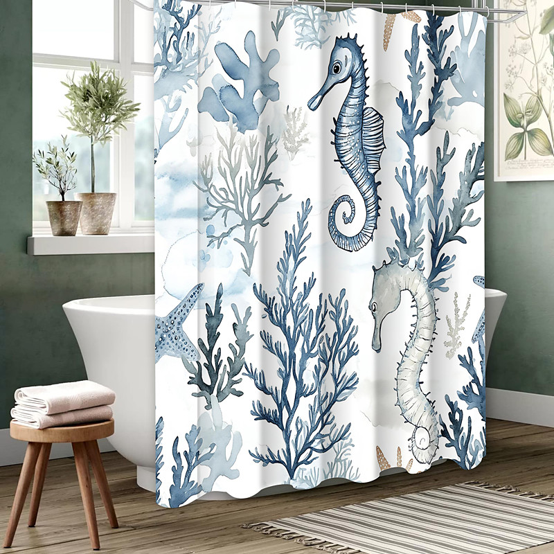 Ocean Animal Turtle Shower Curtain with Hooks for Bathroom Shower Curtain Bathroom Decor Set Polyester Waterproof 12 Pack Plastic Hooks