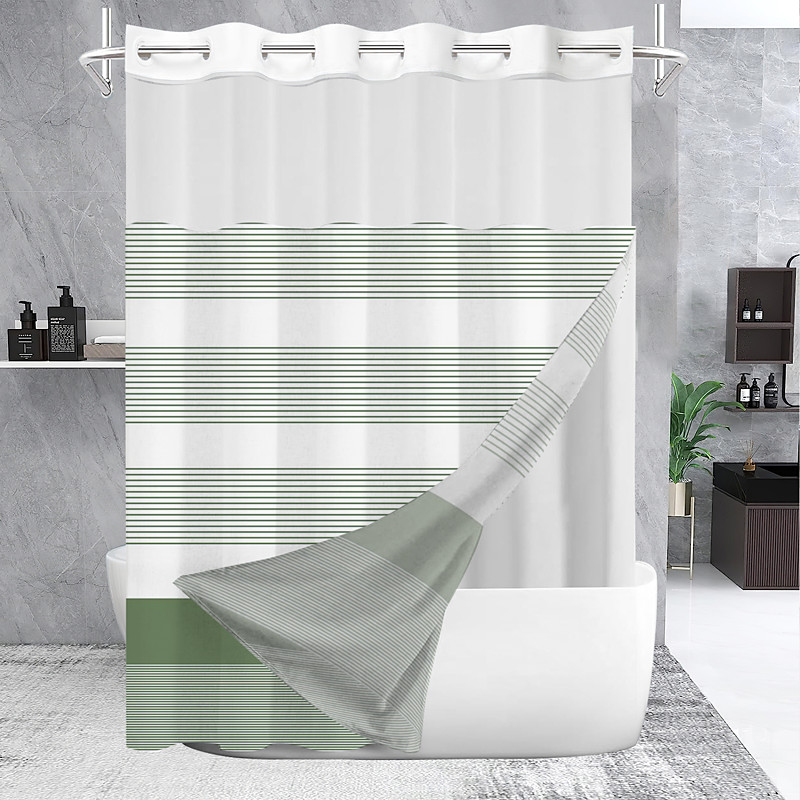 No Hook Geometry Striped Shower Curtain With Snap-in Fabric Liner Sheer Top Window Waterproof Double Layer Bathtub curtain