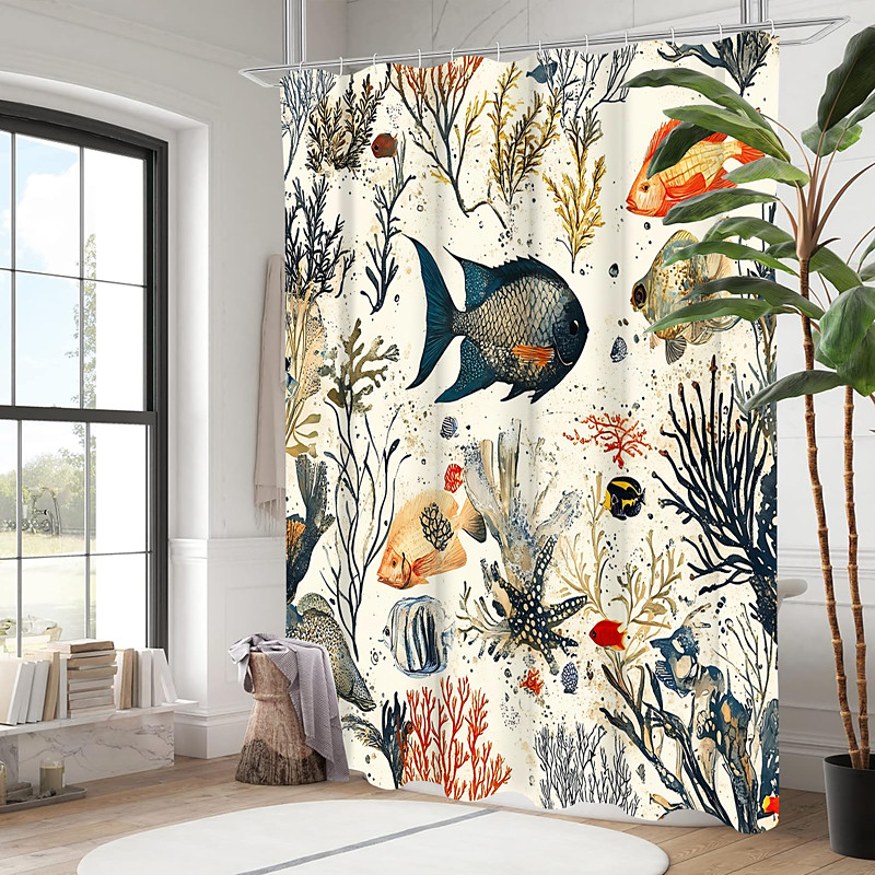 Ocean Animal Turtle Shower Curtain with Hooks for Bathroom Shower Curtain Bathroom Decor Set Polyester Waterproof 12 Pack Plastic Hooks