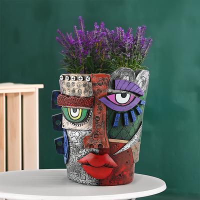 Brutalist Abstract Beauty Face Flower Pot, Colorful Crying Face Resin Planter, Artistic Emotional Sculpture for Home Garden Desktop Patio Decor