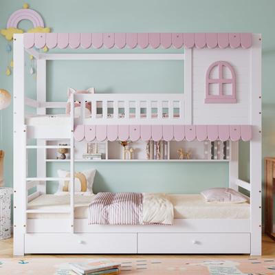 Etagenbett, Kinderbett mit Fenster, mit Absturzsicherung, offenes Regal, rosa Dachtraufe, zwei Image