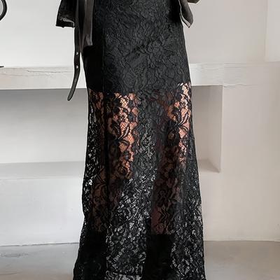 TEMU Elegant Women' Lace Maxi Skirt With Floral Patterns - High Waist, A- For Spring/fall Fashion, Polyester Lining, 85g/m², Elegant Attire|floral Lace Skirt|trendy A-line Silhouette Image