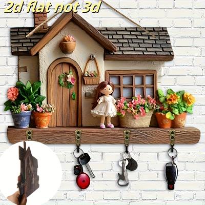 TEMU 2d Flat, 1pc, Lovely Villa - Wooden Multifunctional Home Key Hanging With 4 Metal Hooks - Wall Hanging Decoration, Porch Decoration, Room Decoration, Villa Decoration, Home Decoration, 2d Flat Image