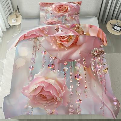 TEMU 2/3pcs Pink Rose Duvet Cover Set, Pattern With Crystals, 1 Duvet Cover And 2 Pillowcases, Lightweight, Fade Resistant, , With Zipper Closure, Machine Washable Bedding Image
