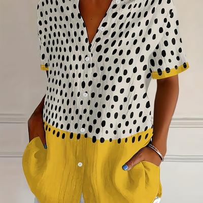 TEMU Women's Retro Japanese-inspired Polka Dot & Yellow Sleeve Button-up Shirt - Casual Short Sleeve Summer Top With Classic Collar, Machine Washable For Beach & Casual Wear, Nontransparent Fabric Image