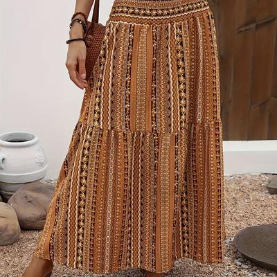 TEMU Women's Bohemian Style Elastic Waist Maxi Skirt - Vibrant Brown And Beige Floral Print, Shirred Design For Wear Image