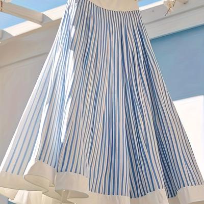 TEMU Elegant High-waist Striped A-line Skirt For Women - Vertical Stripes, Flowy Hem, Lightweight Polyester, Spring/summer/fall, Cute Skirts Image