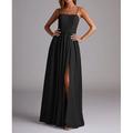 Abito da damigella d'onore A-Line con spalline sottili senza maniche elegante lungo in chiffon con pieghe spacco frontale