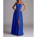 Abito da damigella d'onore A-Line con spalline sottili senza maniche elegante lungo in chiffon con pieghe spacco frontale