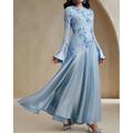 Elegantes blaues Spitzen-A-Linien-Abendkleid mit langen Ärmeln und Rundhalsformelles Kleid für Hochzeiten und Veranstaltungen