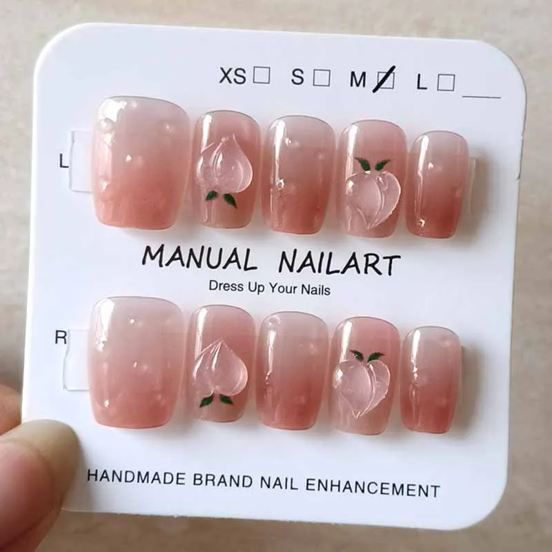10 Stück Sommer-Frauen und Mädchen, süßer Farbverlauf, Pfirsich, gepunktet, Erdbeere, handgefertigt, zum Aufdrücken der Nägel, Nagelkunst, Nagelpflaster, Nagelscheiben Image