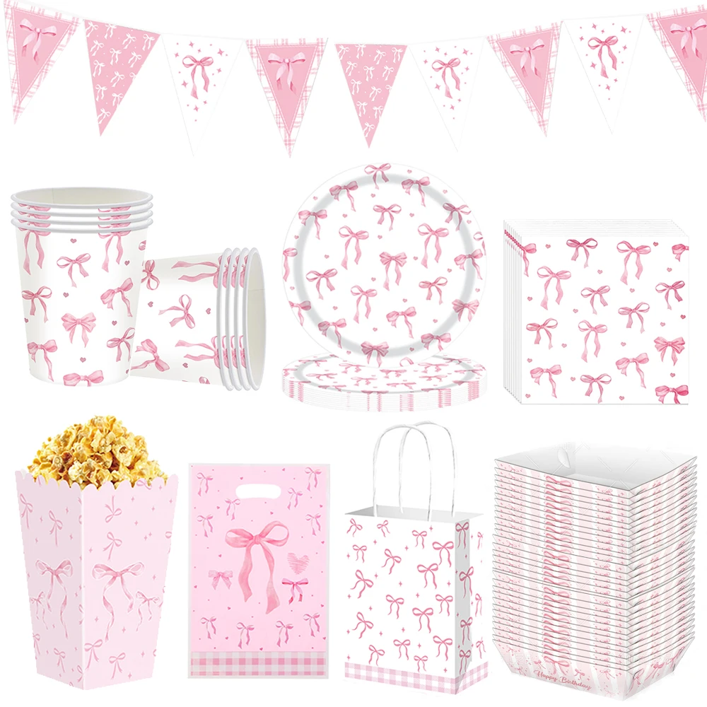 Rosa Schleife Partyzubehör Tassen Teller Serviette Geschenktüte Popcorn Box Essen Tablett Tischdecke Rosa Schleife Geburtstagsthema Partydekorationen Image