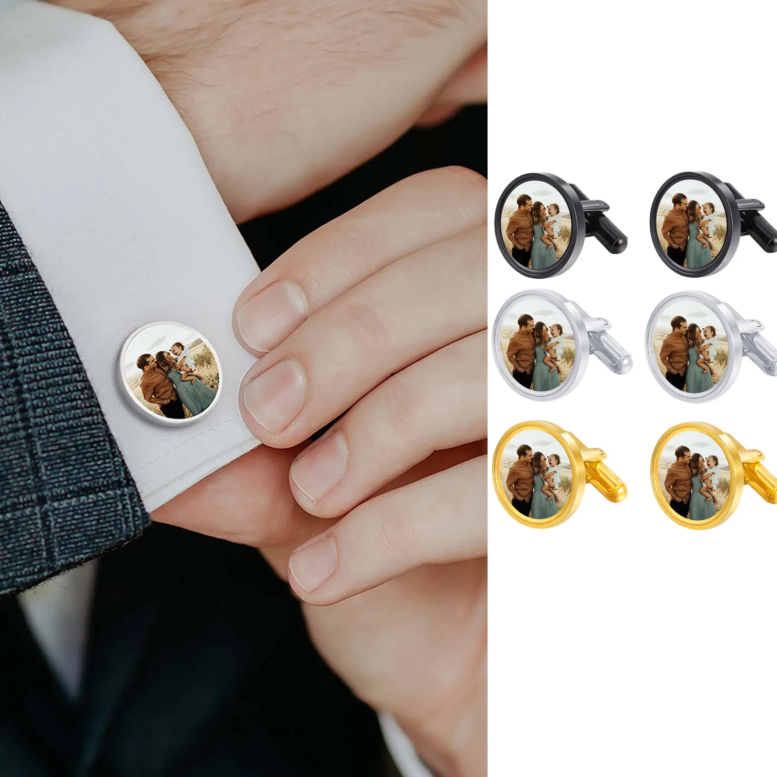 Manschettenknöpfe mit individuellem Bild für Männer und Jungen, wasserdichte Foto-Manschettenknöpfe, lässiger Schmuck, Geschenk für Ehemann, Vater, Vater Image