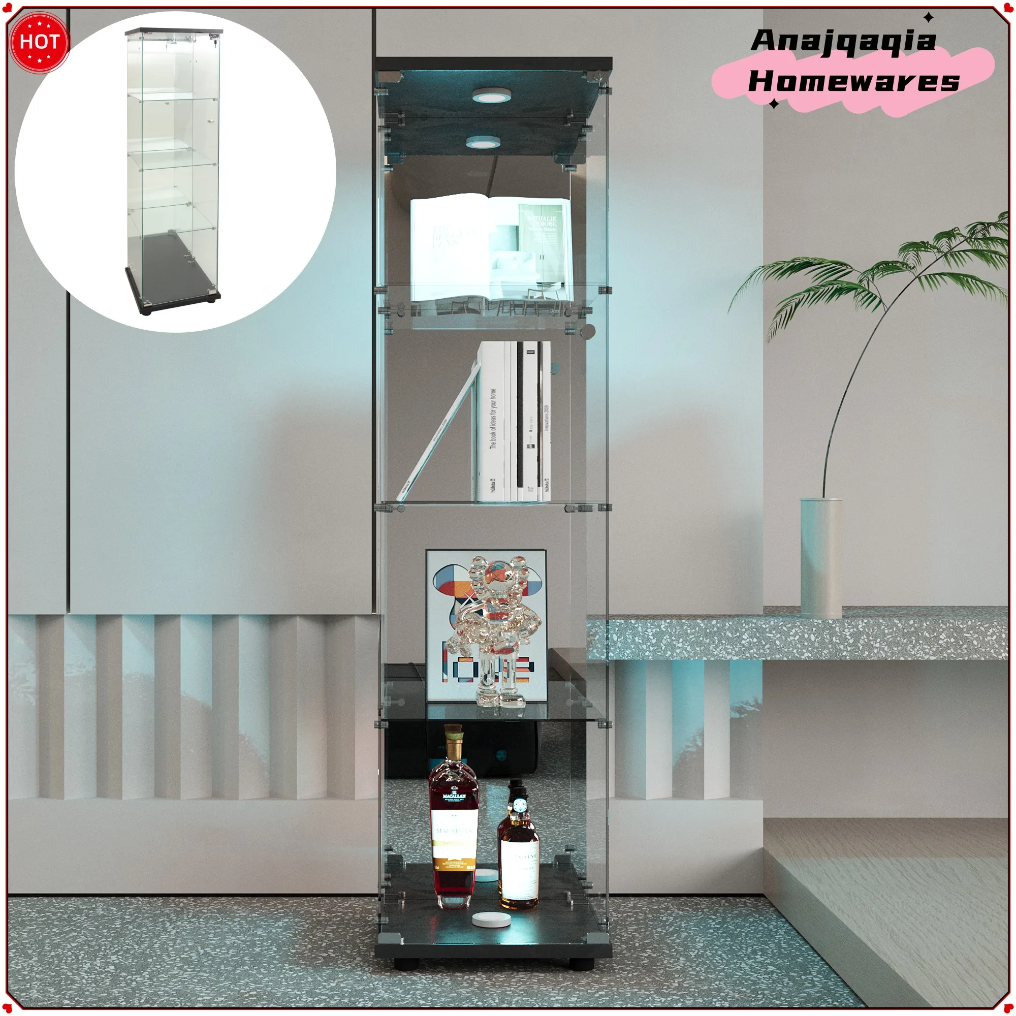 Anajqaqia LED-Glasvitrine, mit Schloss, transparent, großes Rückspiegel-Vitrine (4 Schichten Spiegel + Lichter, Schwarz)