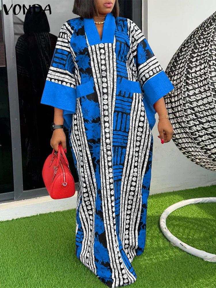 Plus Größe 5XL VONDA Vintage Print Kleid Frauen Sommer Party Maxi Vestido V-ausschnitt 3/4 Hülse Casual Oversize Böhmischen Lange Robe