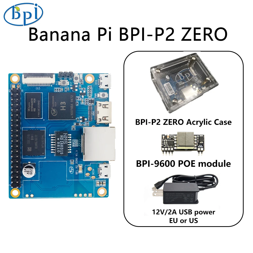 Banana Pi BPI-P2 Null Mit Fall Power POE Allwinner H3 Quad-core Cortex-A7 512M DDR3 8G eMMC unterstützung PoE Run OS Android Linux Image