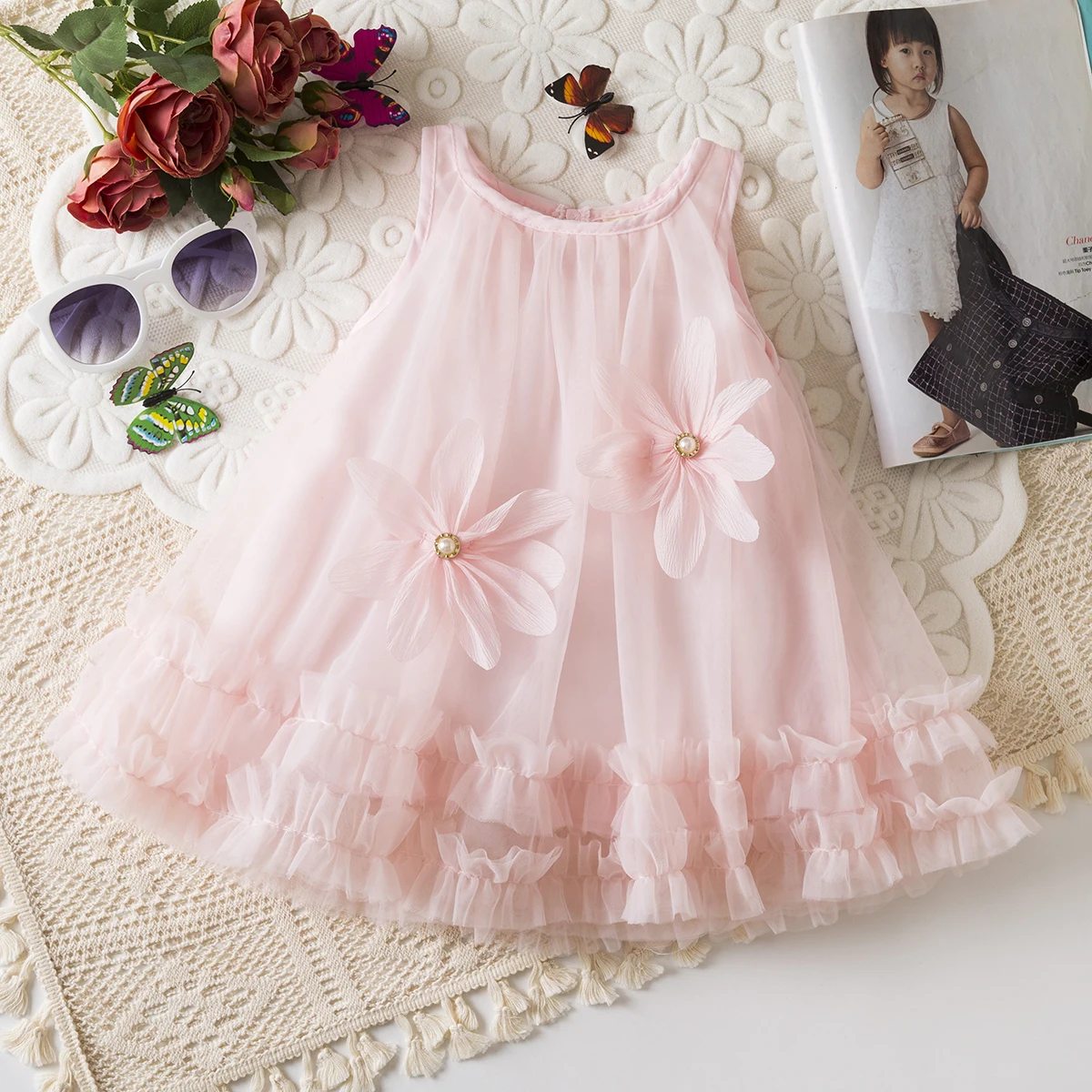 Sommer Neues Baby Mädchen Prinzessin Kleid, Süße Blumen Chiffon Kinder Ärmellose Kleidung Geeignet Für Geburtstagsfeiern (0-3 Jahre) Image
