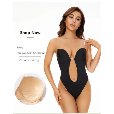 1 Piece Deep V-Neck Shapewear Bodysuit Women's Seamless Thong Lower Body Bra U Low Back No Back Corset Shaper