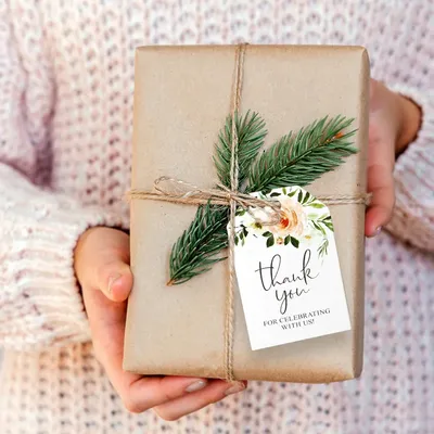 50pcs Thank You Tag Wedding Birthday Gift Box Pendant Flower Print Paper Cards Present Package Hang Tags Labels Parties Decorate
