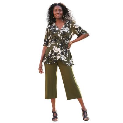 Plus Size Women's Asymmetrical Twist Neck Tunic by Jessica London in Dark Olive Green Graphic Floral (Size L)