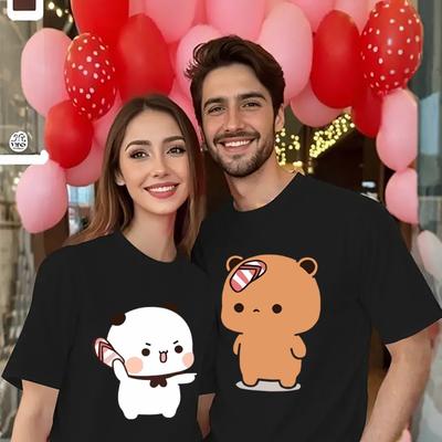 "TEMU Couple's Matching "i Love You" Graphic T-shirts - Casual Spring/summer Short Sleeve Tops, Light Yellow With Cute Bear & Panda Designs, Couples (men's & Women's Separate), Casual Wear | Design |" Image